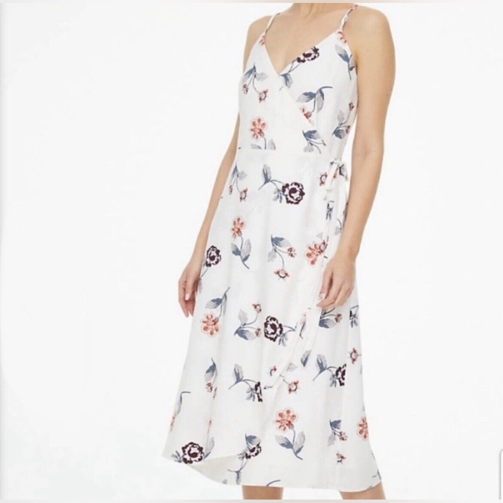 LOFT White Floral Midi Dress with Blue and Pink Print